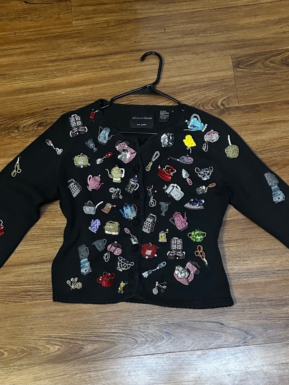 Michael Simon Beaded Kitchen Appliance Black Sweater Rare Size M